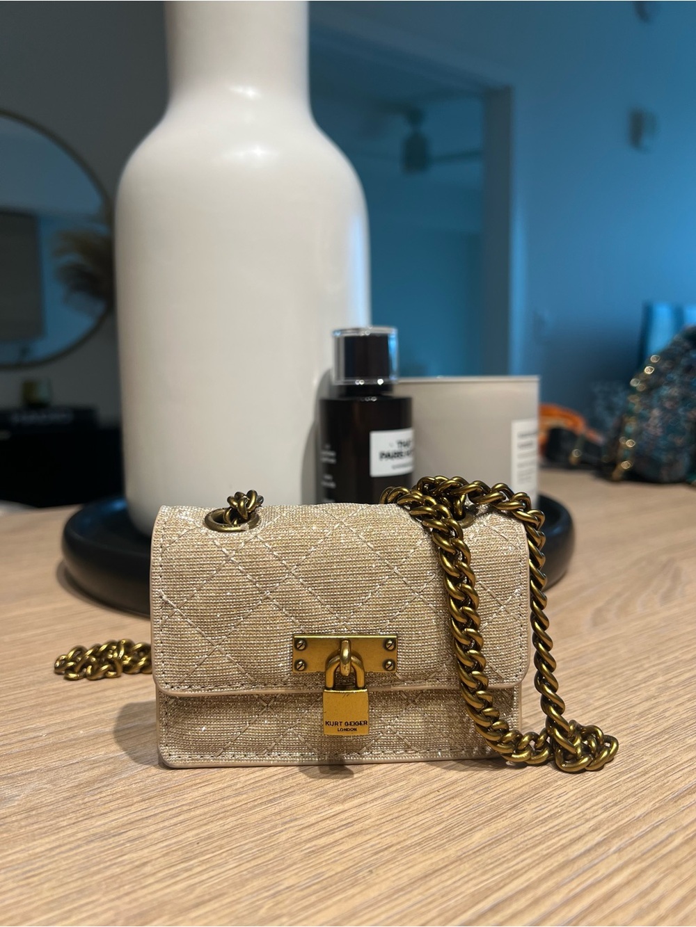 Kurt Geiger Beige Quilted Mini Chain Crossbody